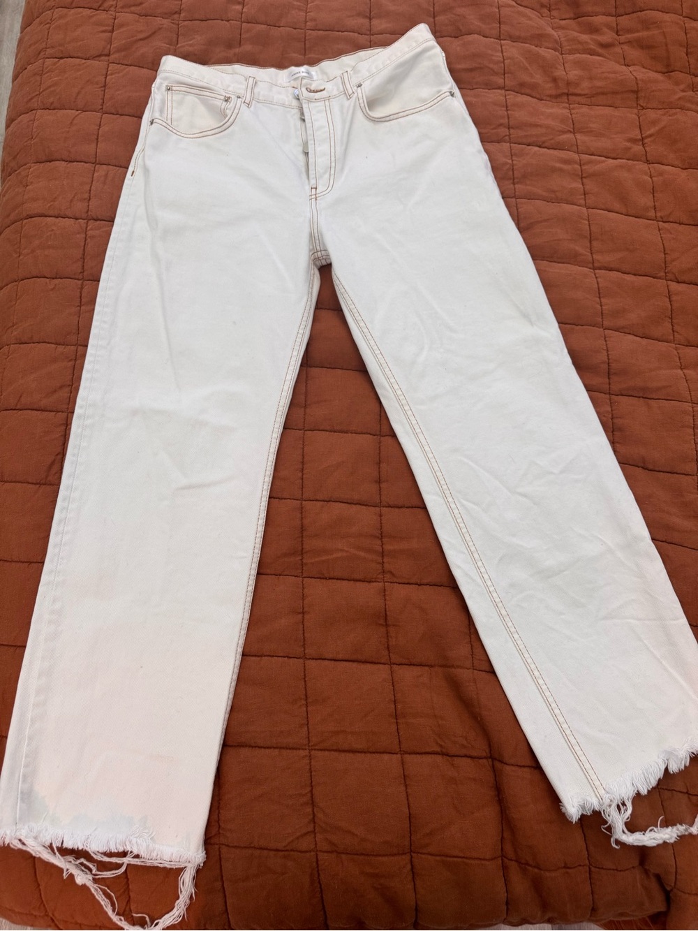 Anine Bing White Straight-Leg Jeans with Frayed Hem